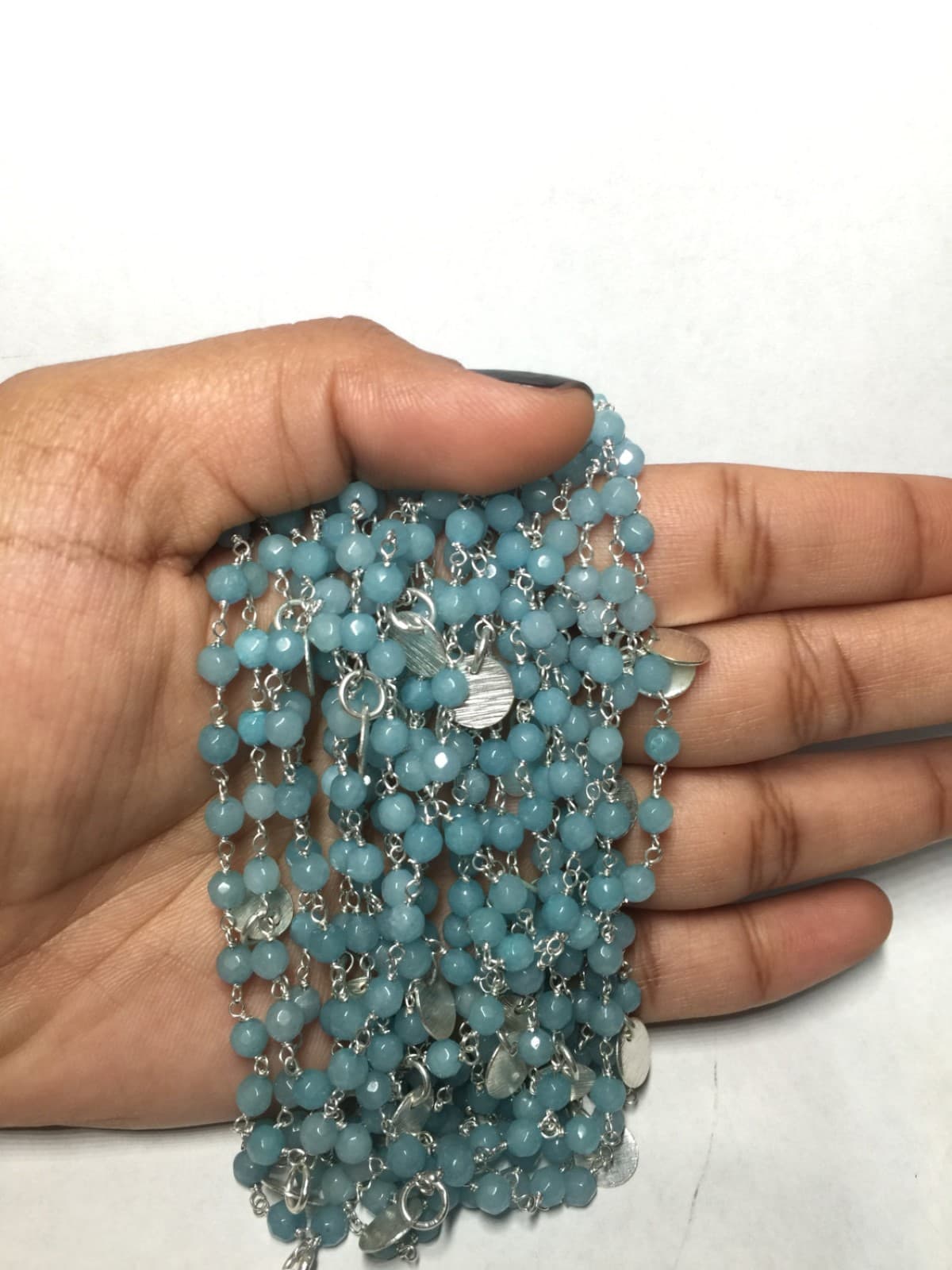 Sea Blue Chalcedony Dangling Round Charm Chain 925 Silver Plated 3-4mm