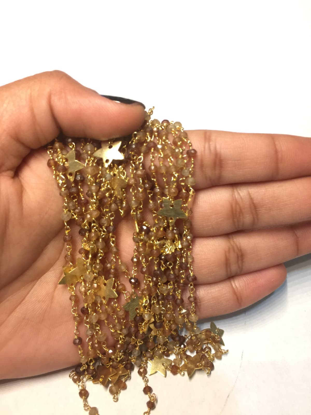 Hessonite Shaded Star Charm Faceted Beaded Chain 24K Gold Plated 4mm