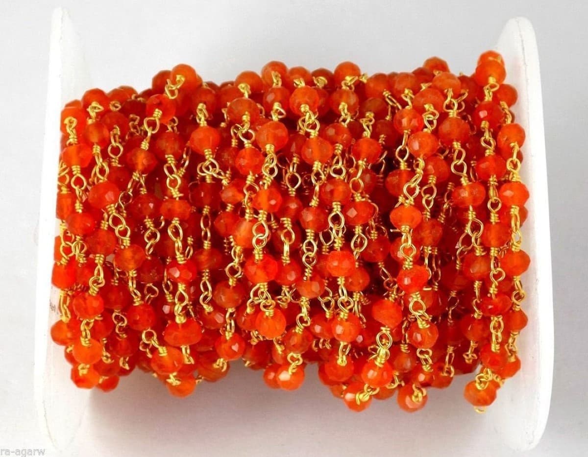 Carnelian Chalcedony Faceted Rosary Beaded chain 24k Gold Plated 4mm