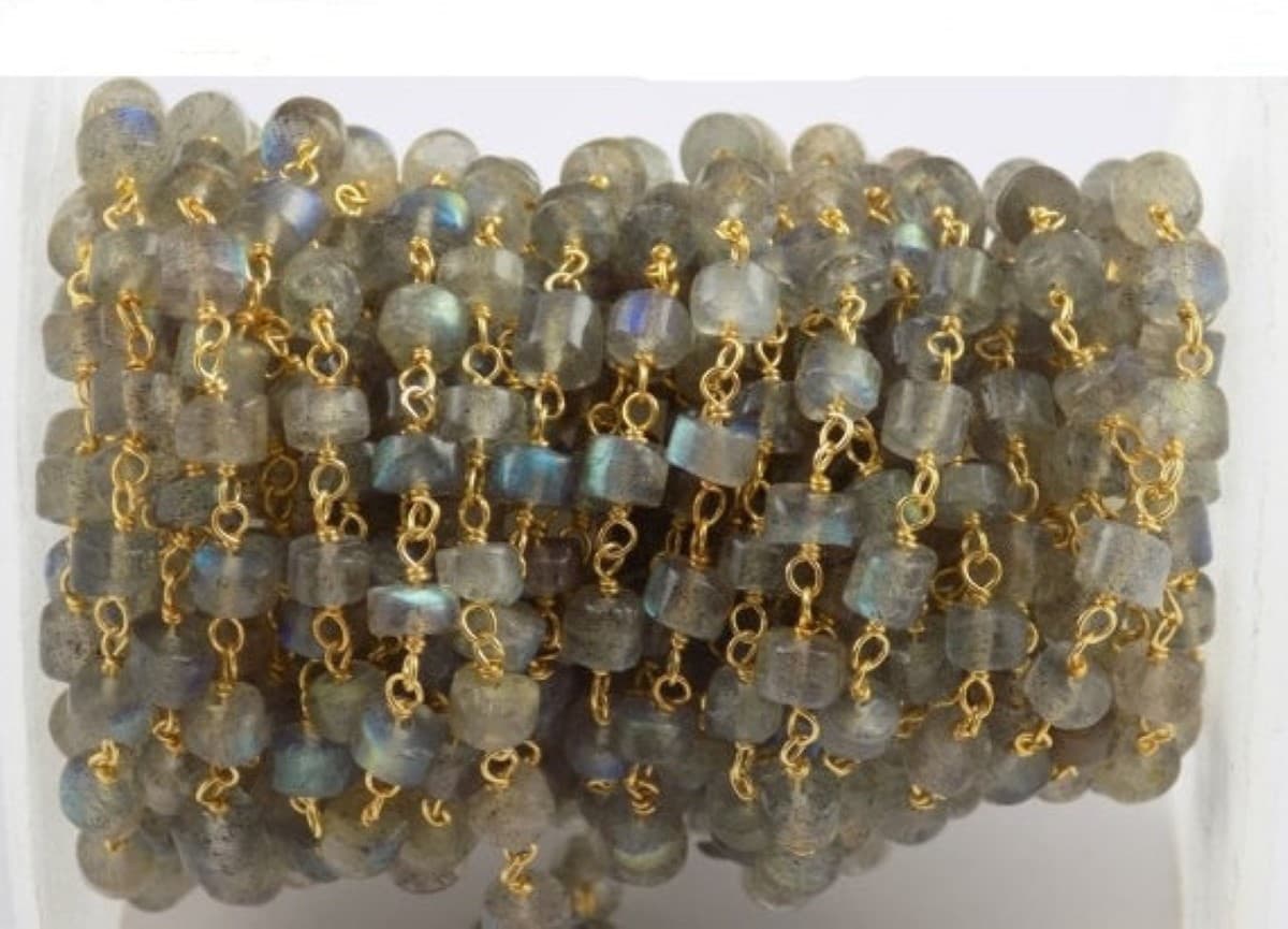 Labradorite Heishi Shape Smooth Rosary Beaded Chain 24K Gold Plated