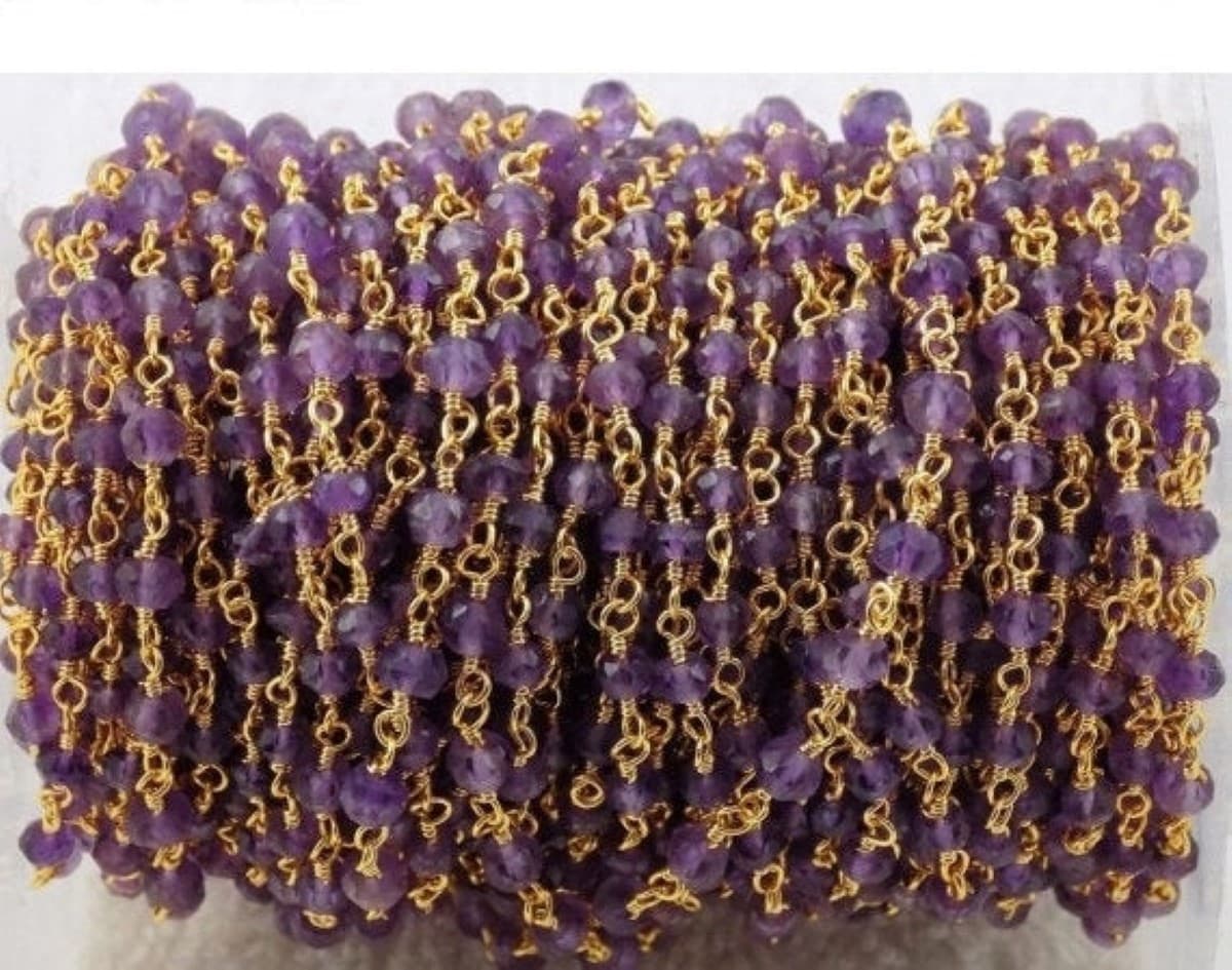 Natural Amethyst 3-4mm Rondelle Faceted 24k Gold Plated Beaded Chain