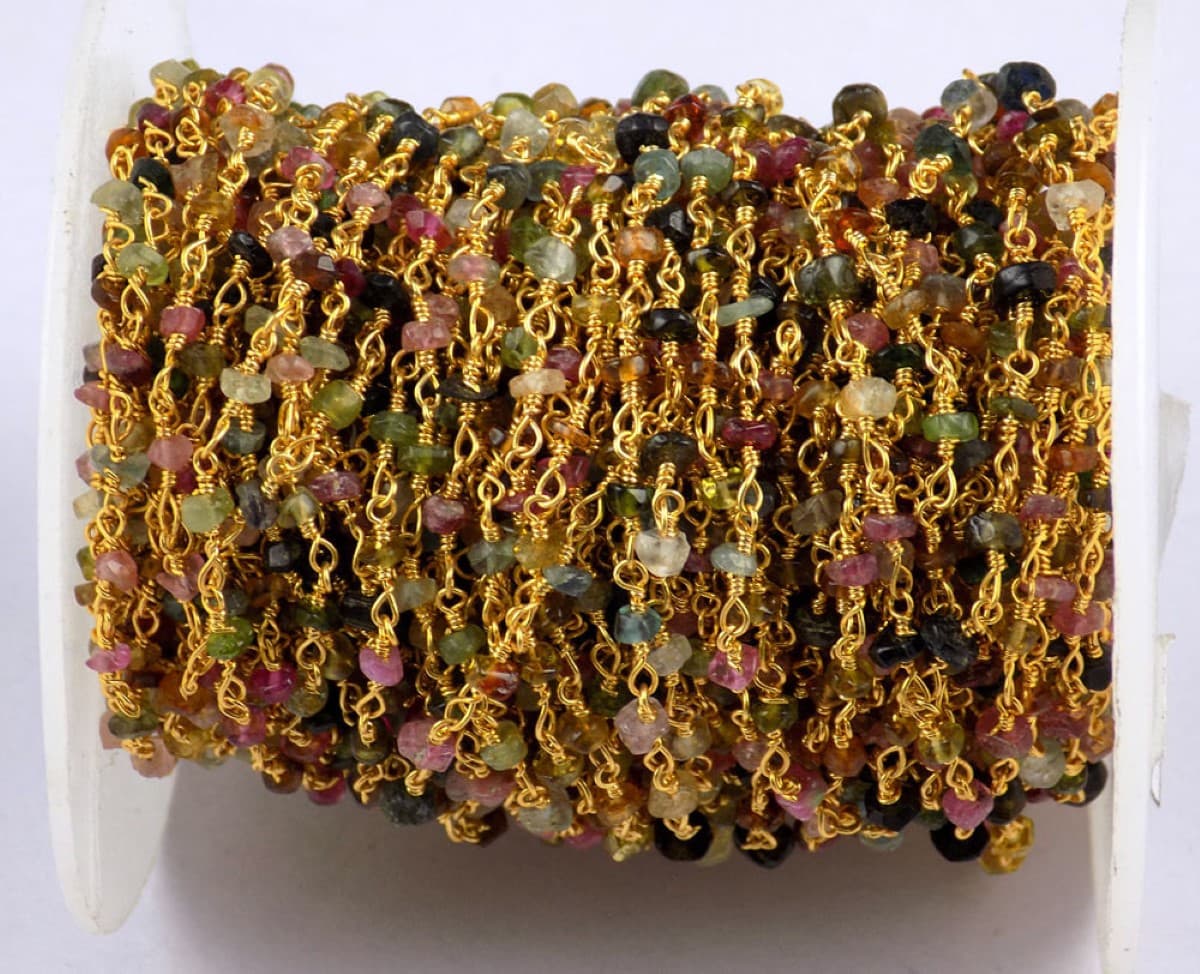 Tourmaline Rosary Beaded Chain 24k Gold Plated 3-4 mm Faceted Beads