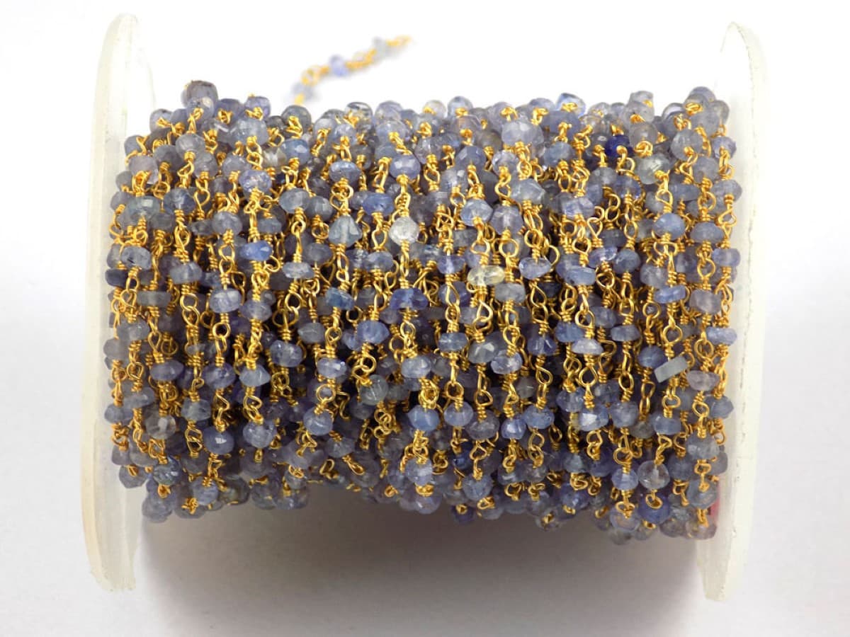 Tanzanite Faceted 2.5-3mm 24k Gold Plated Rosary Link Beaded Chain