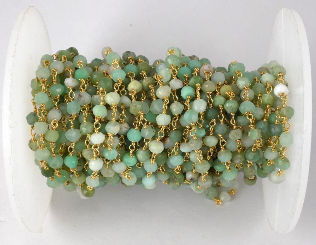 Chrysoprase Faceted Rosary Beaded Chain 24k Gold Plated 3.5-4mm