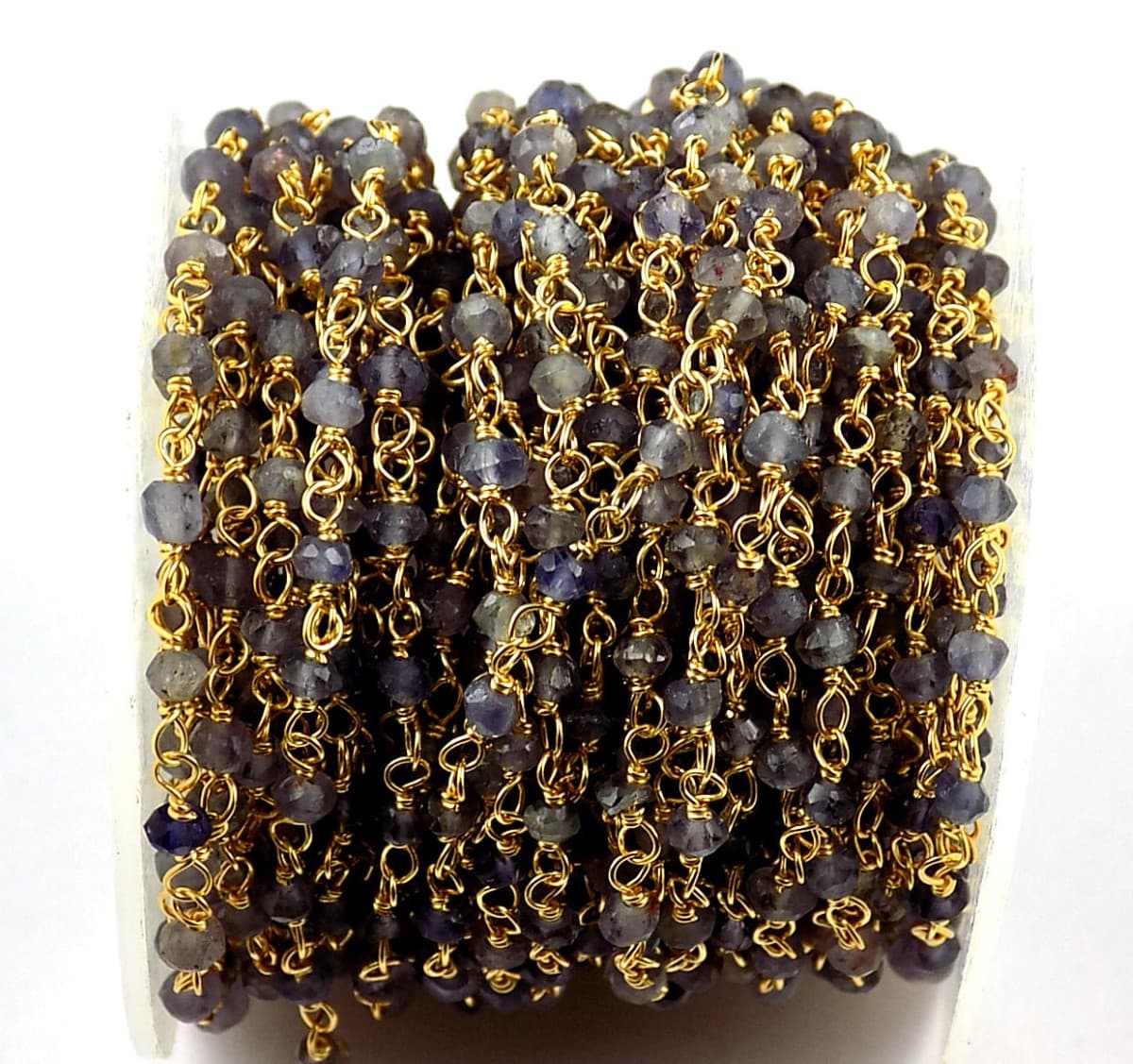 Iolite Gemstone Rosary Beaded Faceted Chain 24K Gold Plated 3-4mm