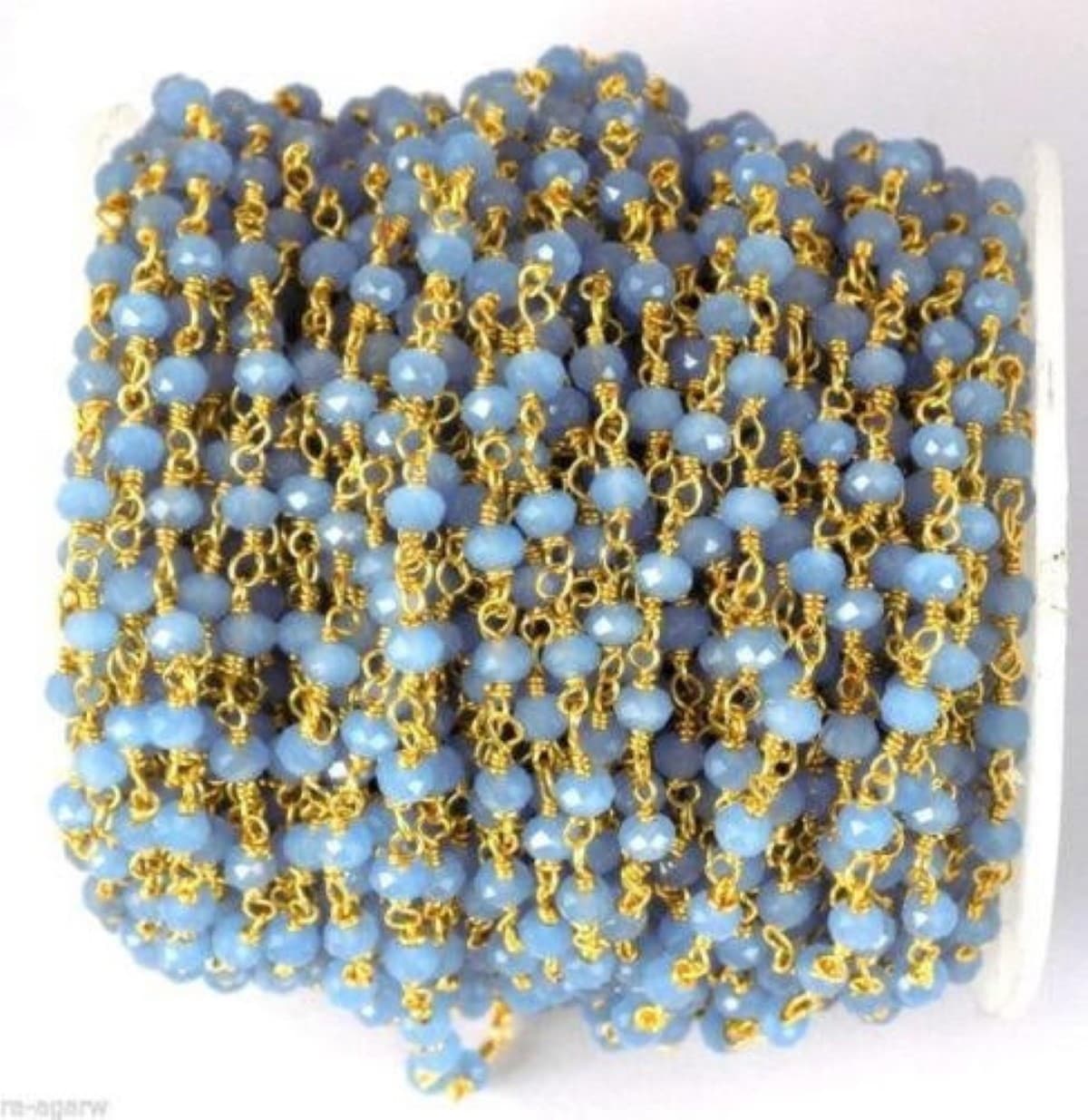 Blue Moonstone Chalcedony Hydro Beads Chain 3-3.5mm 24k Gold Plated