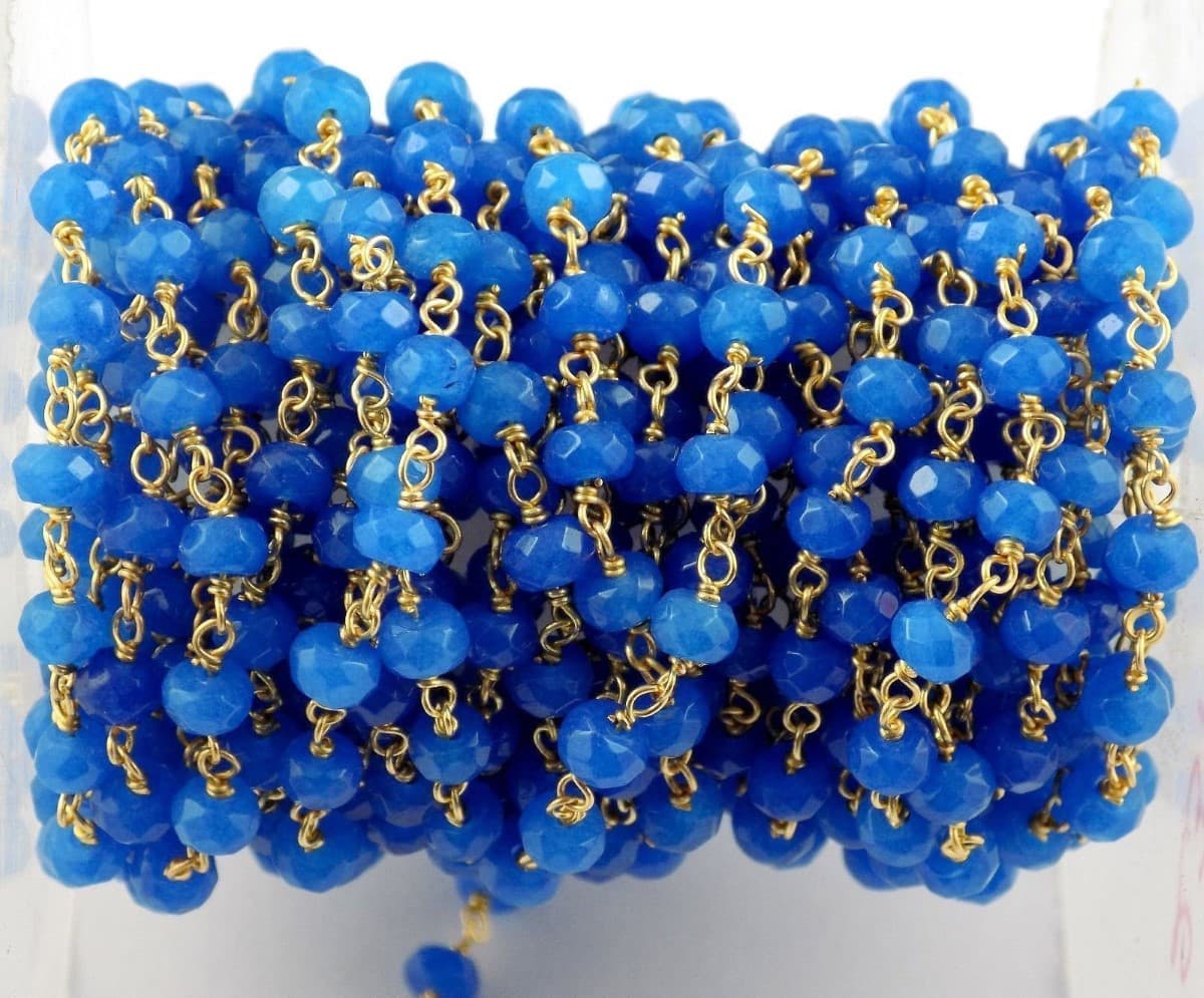 Blue Chalcedony Gemstone Faceted Size 4mm 24k Gold Plated Rosary Chain