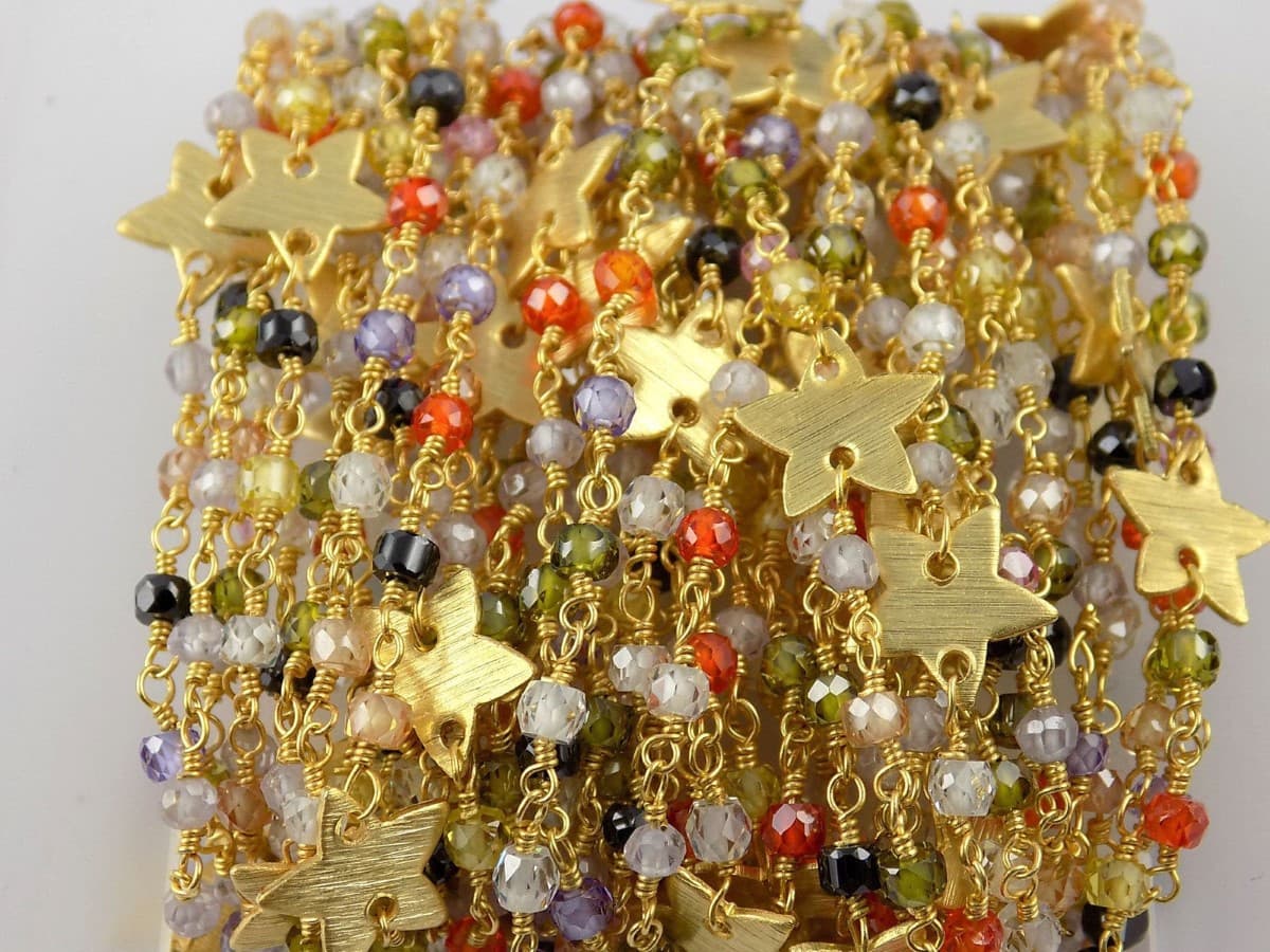 Multi Cubic Zirconia CZ Star Charm Beaded Chain 24K Gold Plated 3mm