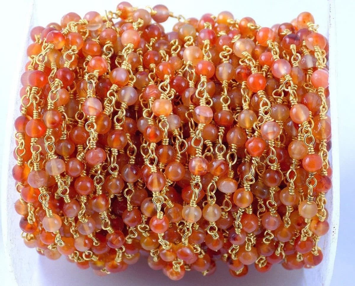 Carnelian Smooth 24k Gold Plated Faceted Rosary Beaded chain 3.5-4mm