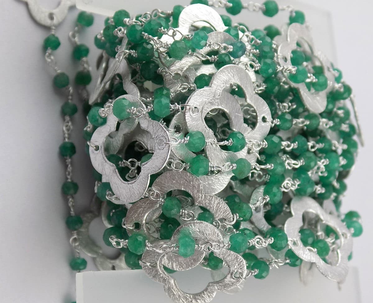 Green Aventurine Clover Charm 925 Silver Plated 3.5-4mm Faceted Rosary