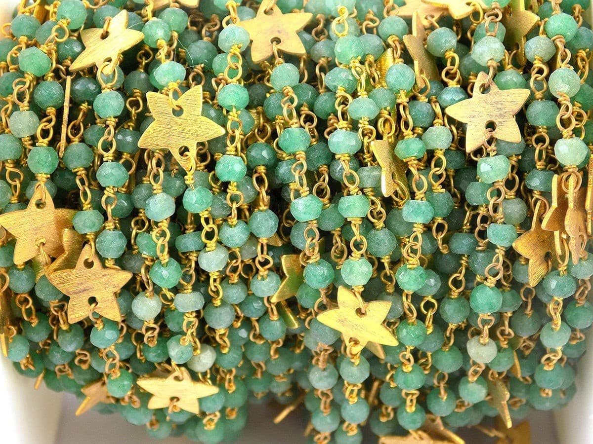 Green Aventurine Faceted Star Charm Beaded Chain 24k Gold Plated 4mm