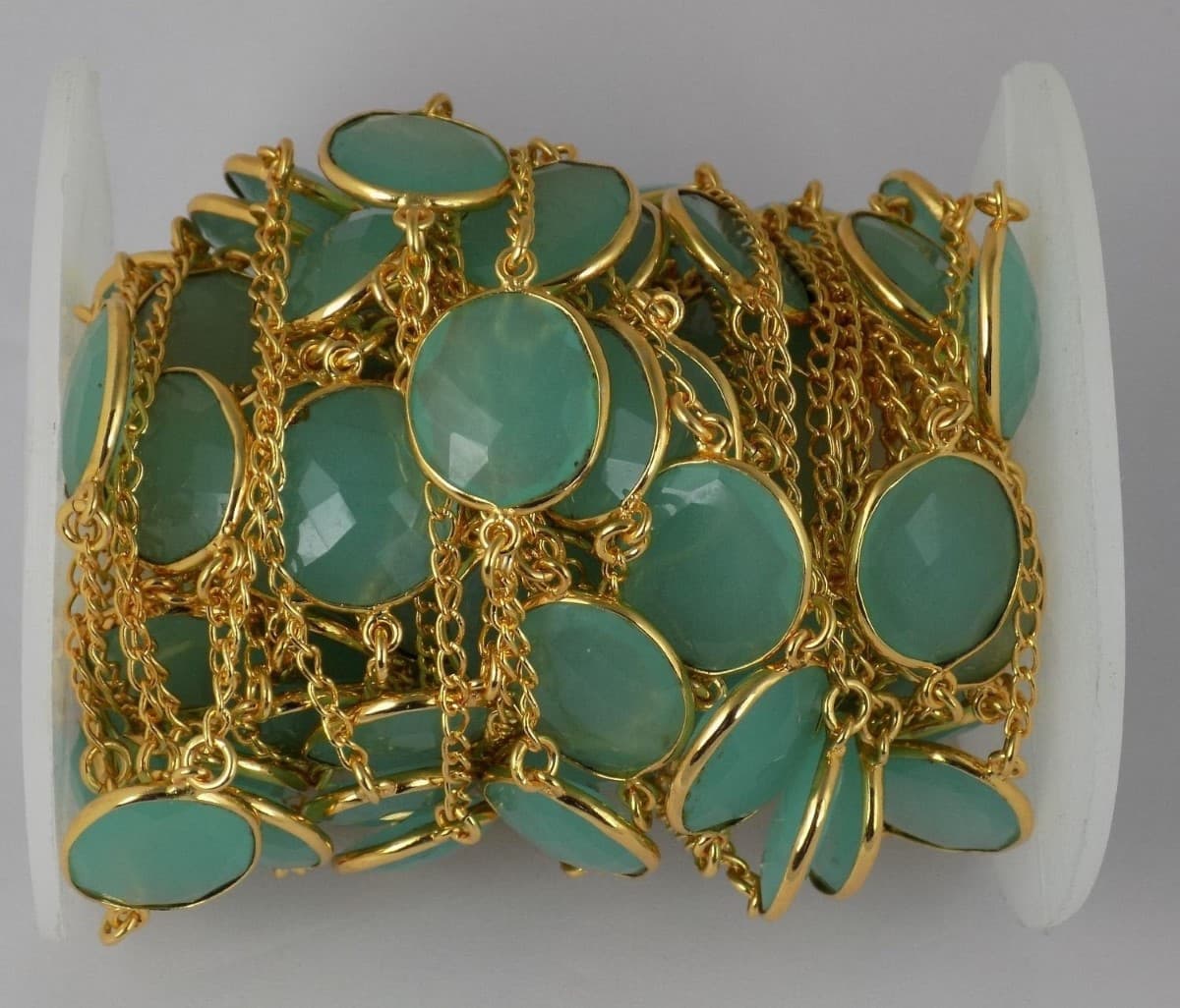 Finest Aqua Chalcedony Faceted Connector Frill Chain 24k Gold Plated