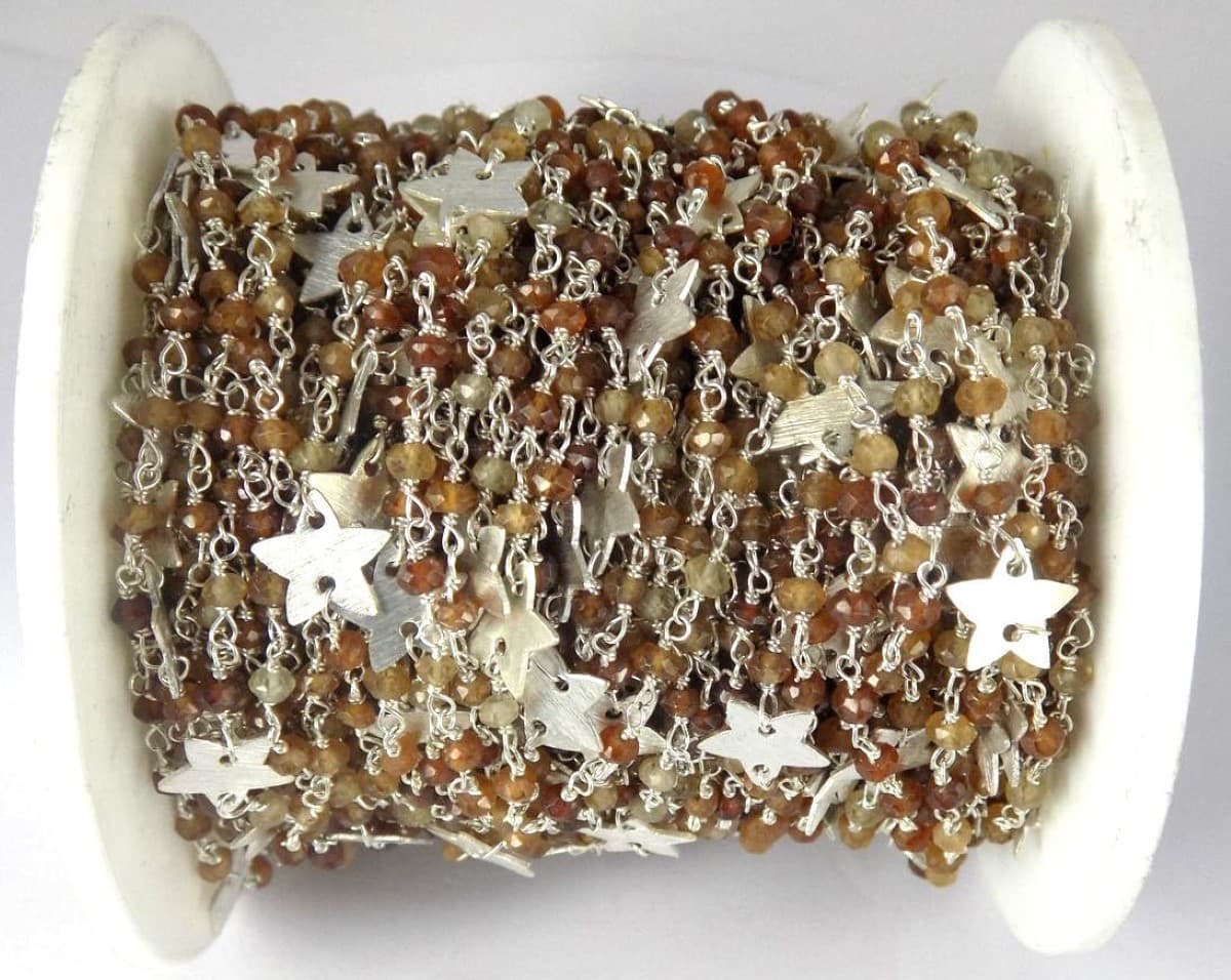 Hessonite Shaded Star Charm Faceted Chain 925 Silver Plated 3.5-4mm