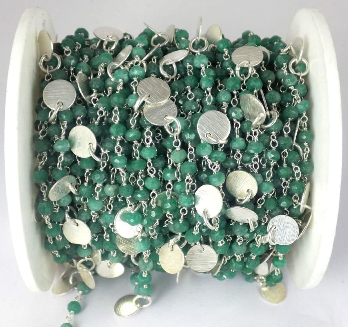 Green Aventurine Round Charm Faceted Chain 925 Silver Plated 3.5-4mm