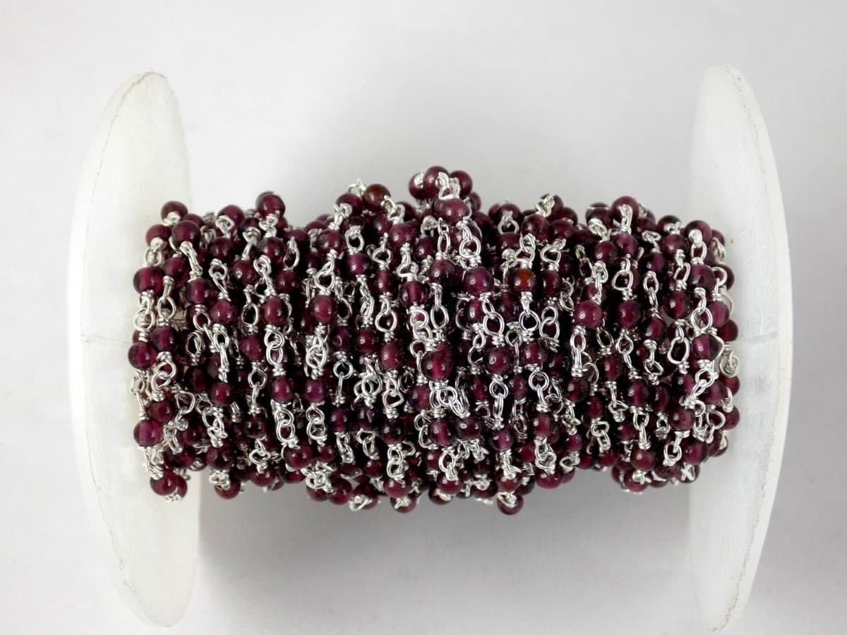 Garnet Smooth Gemstone Rosary Beaded chain 925 Silver Plated 2.5-3mm