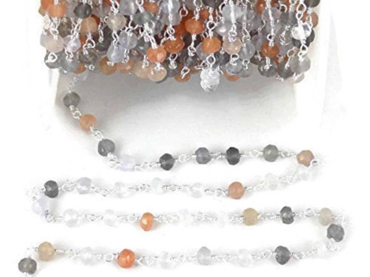 Multi Moonstone Rosary Beaded Chain Wire Wrapped 925 Silver Plated