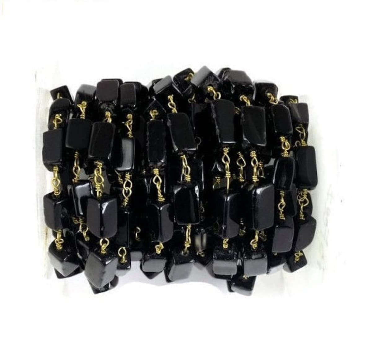 Black Onyx Smooth Square Rosary Beaded Chain 24k Gold Plated 5X10mm