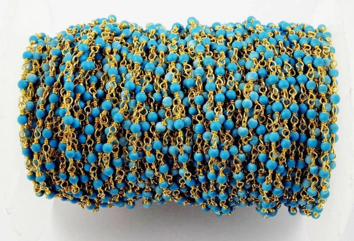 Turquoise Smooth Gemstone Rosary Chain 24k Gold plated 3mm Beads
