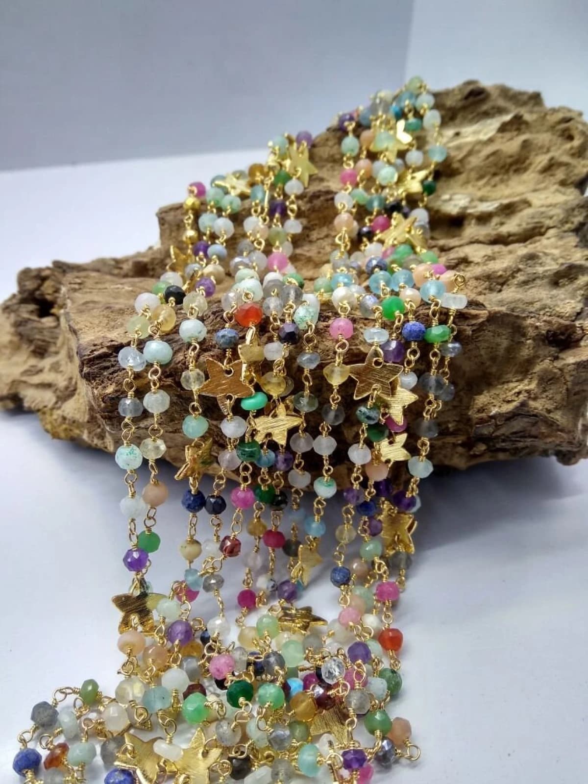 Mix Natural Stone Star Charm Faceted Beaded Chain 24k Gold Plated 4mm