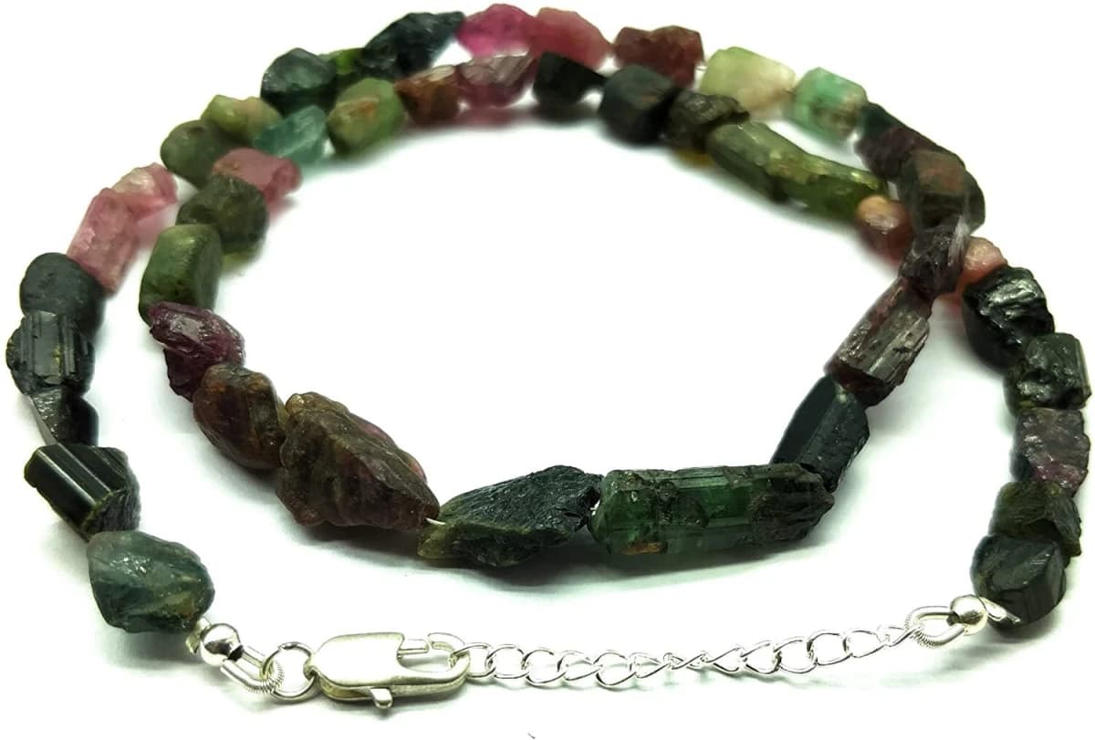 17" Watermelon Bi-Color Pink Tourmaline Faceted Rough Beads Necklace