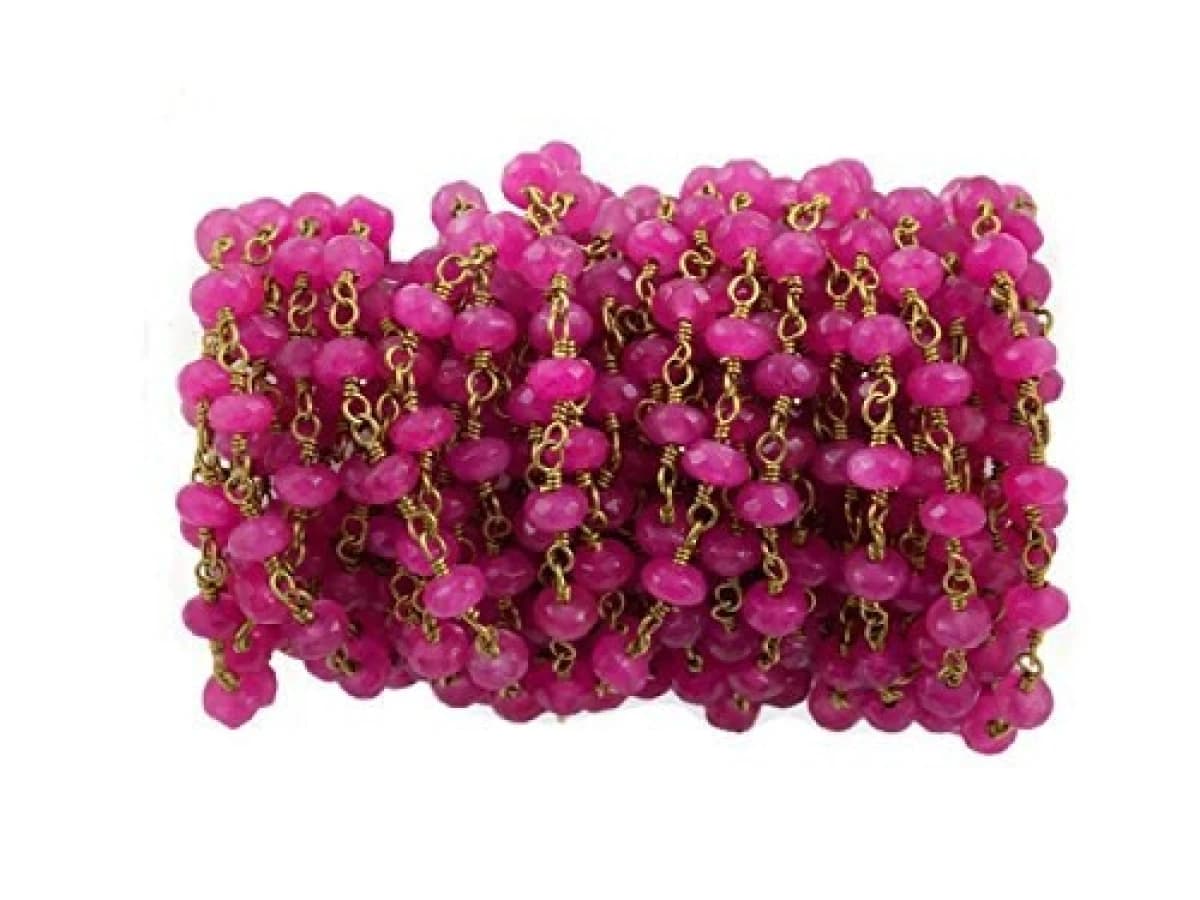 3 Feet Pink Chalcedony Rosary Style Beaded Chain 24k Gold Plated 3-4mm